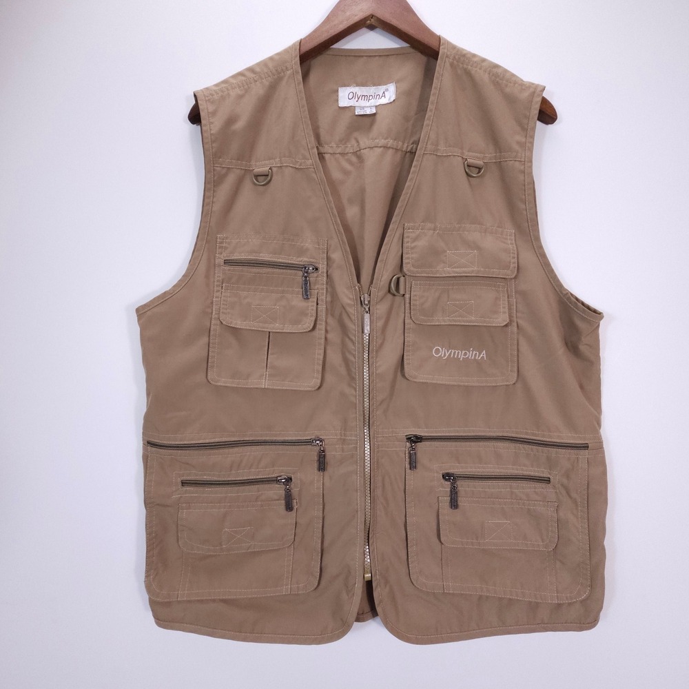 OlympinA Utility Fishing Vest Mens L Khaki Tan Multi Pocket Outdoor‎ Field Gear